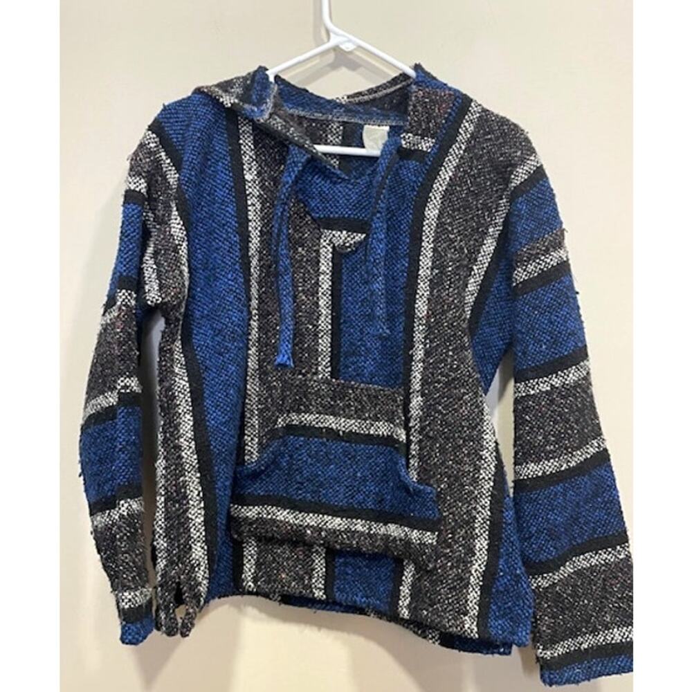 Baja Hoodie Blue Gray and Black Stripe Pullover Size Men's Medium